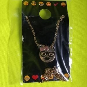 Goldtone pink bow smilie face glasses girl woman chain necklace imoji